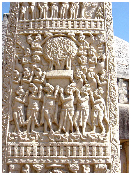 Detail of a panel: bas-relief of worshippers at the Bodhi tree.
