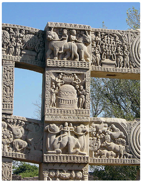 Closeup of bas-reliefs - East Gateway, Stupa 1, Sanchi.